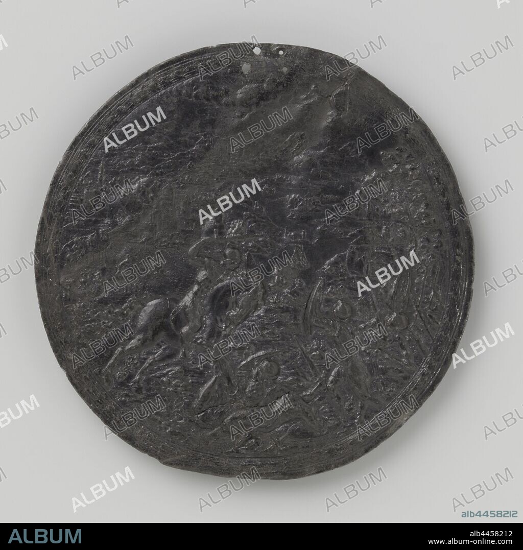 Horace Cocles Roman heroes (series title), Round, lead plaque, surrounded by a leaf edge. To the left in the foreground is the hero, who on horseback defends the bridge against the Etruscans led by Porsenna, he thus gives the Romans the opportunity to break the bridge behind him. Two of the attackers are lying at his feet. In the background on the left the city of Rome and the partially destroyed bridge. On the right a forest edge. In the future a mountain landscape with a winding river., Adam van Vianen (I), Netherlands, c. 1600, founding, d 17.0 cm × w 311 gr.
