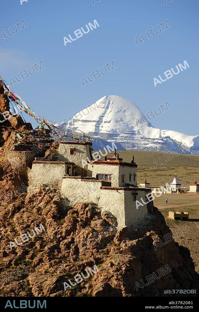 Tibetan Buddhism, monastery on the mountain slope, rocks, Chiu Gompa, snow-covered sacred Mount Kailash, south side with channel, Gang-Tise-Mountains, Trans-Himalaya, Himalayas, Tibet Autonomous Region, People's Republic of China, Asia.