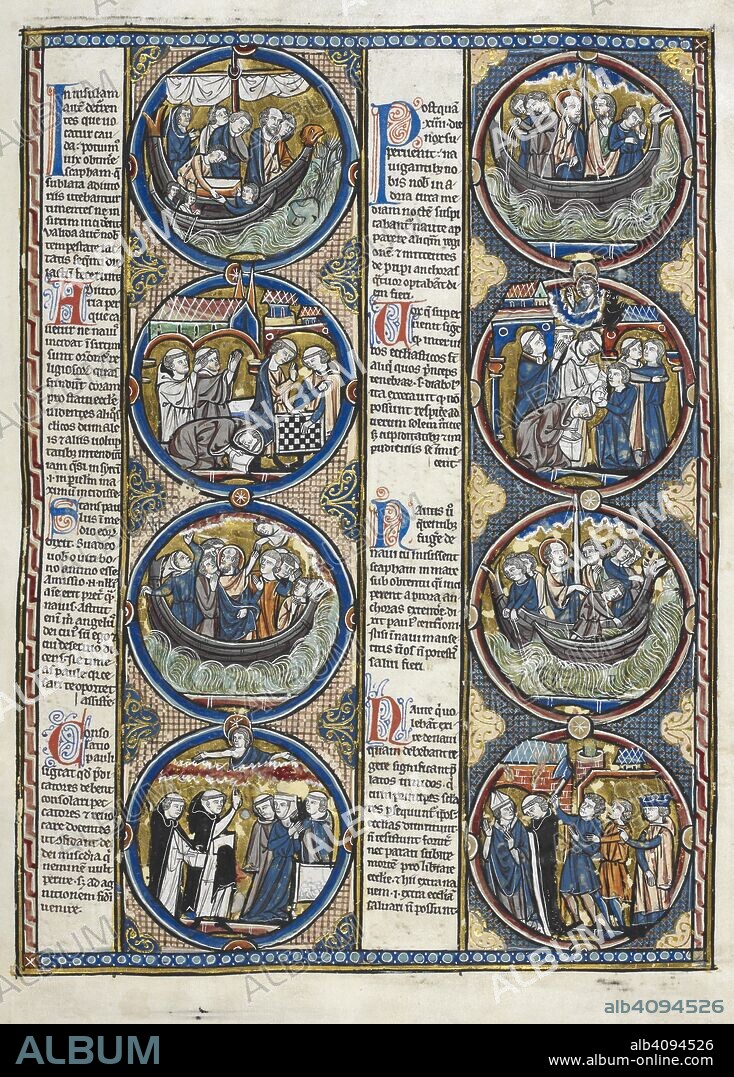 Scenes from the Acts of the Apostles, chapter 27 and their interpretations: St. Paul is shipwrecked off Crete; he is reassured by an angel that no lives will be lost and persuades the sailors not to abandon ship. Bible MoralisÃ©e. France, late 13th century. Source: Harley 1527, f.89. Language: Latin.