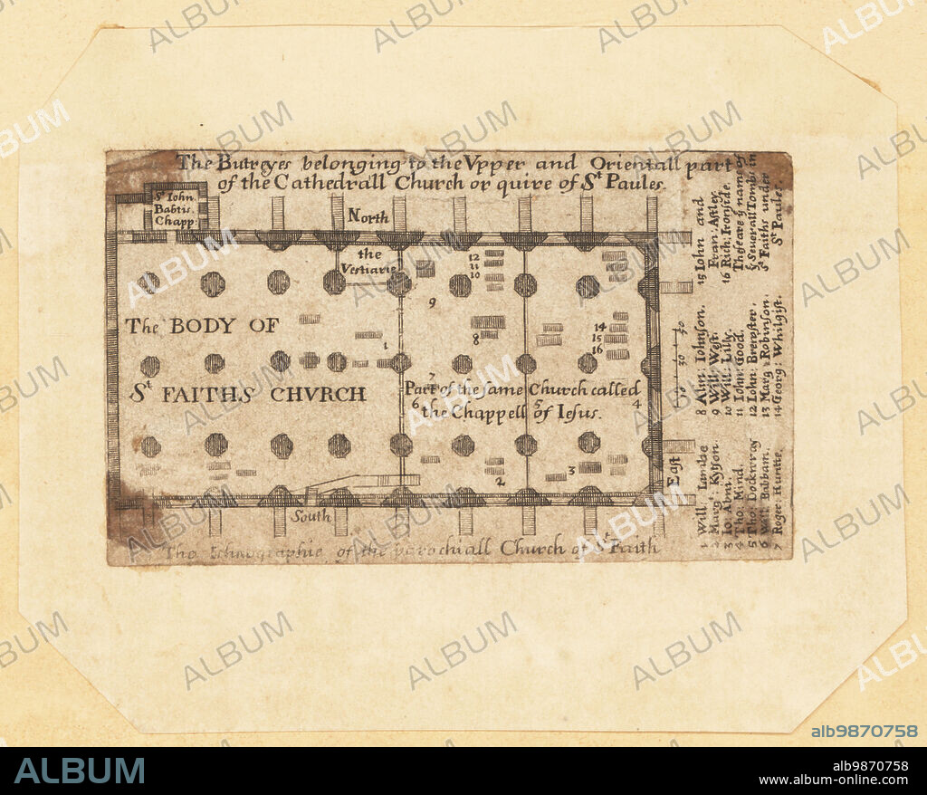 Plan of the crypt in St. Paul's Cathedral, London, 18th century. St. Faith's Church and the Chappell of Jesus in the crypt were used by stationers from Paternoster Row. With the graves of cloth merchant William Lambe (died 1580), Margaret Kytson (died 1567), stationer Thomas Dockwray (died 1599), William Babbam (died 1577), Richard Ironside (died 1627), Procurator of the Arches Roger Huntte (died 1558), Margaret Robinson (died 1560), George Whitgift (died 1611), John and Francis Astley, sons of Sir John Astley, Master of the Revels, etc. Copperplate engraving from unknown 18th century source.