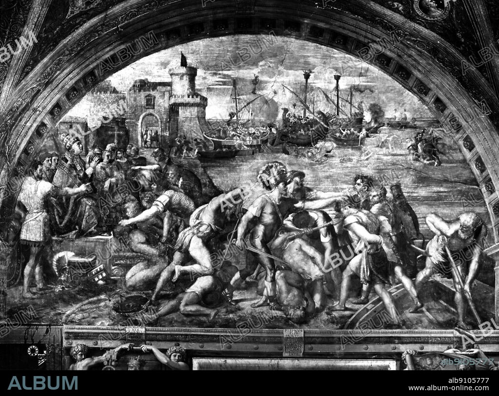 Battle of Ostia , painting not by Raffaello Sanzio himself but by one of his assistants possibly Giulio Romano 1514.