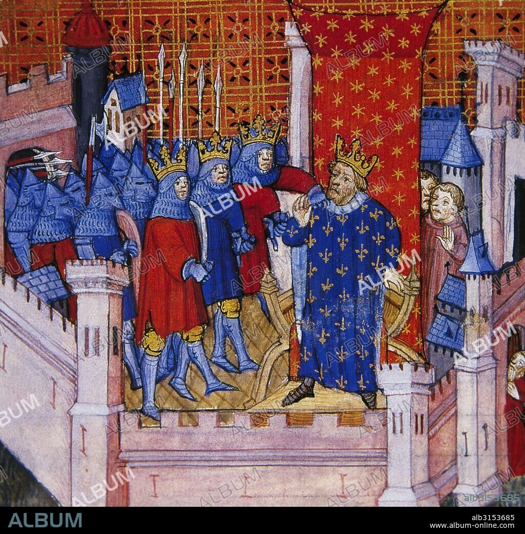 CHILPERICO I (534? -Chelles, 584). Rey de los francos de Soissons y Neustria (561-584). Hijo de Clotario I. Miniatura del siglo XIV. EL REY CHILPERICO I RECIBE LA VISITA DE LOS HERMANOS Y DE SUS EJERCITOS QUE VIENEN A REIVINDICAR SU PARTE DE LA HERENCIA". Museo Condé. Castillo de Chantilly. Francia.