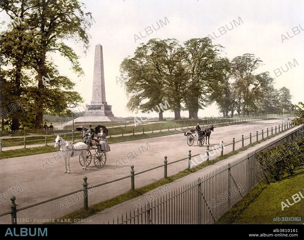 Phoenix Park photographed by the Detroit Publishing Company circa 1890-1900. Phoenix Park is an urban park in Dublin, Ireland. It is one of the largest walled city parks in Europe. After the Normans conquered Dublin and its hinterland in the 12th century, Hugh Tyrrel, 1st Baron of Castleknock, granted a large area of land, including what now comprises the Phoenix Park, to the Knights Hospitaller. The knights lost their lands in 1537 following the Dissolution of the Monasteries under Henry VIII of England. Eighty years later the lands reverted to the ownership of the King's representatives in Ireland. On the restoration of Charles II of England, his Viceroy in Dublin, the Duke of Ormonde, established a Royal Hunting Park on the land in 1662. It contained pheasants and wild deer, making it necessary to enclose the entire area with a wall. It was opened to the people of Dublin by the Earl of Chesterfield in 1745. The Wellington Monument is situated at the southeast end of the Park, overlooking Kilmainham and the River Liffey. The structure is 203 feet tall, making it the largest obelisk in Europe. The Irish Government is lobbying UNESCO to have the park designated as a world heritage site.