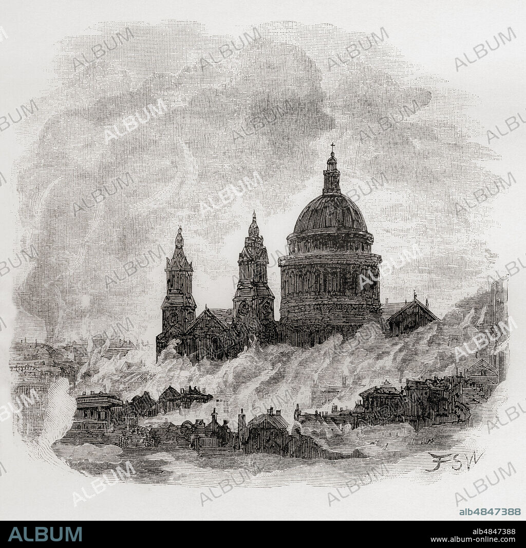 Scene depicting the Great Fire of London, 1666.  From London Pictures, published 1890.