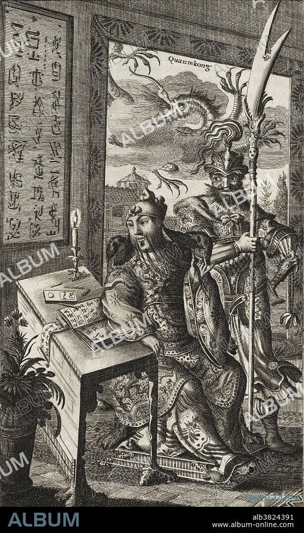Entitled: "Quantecong" taken from "Atlas Chinensis: being a relation of remarkable passages in two embassies from the East-India Company of the United Provinces to the Vice-Roy Singlamong, General Taising Lipovi, and Konchi, Emperor. Collected out of their several writings and journals, by Arnoldus Montanus and published by Thomas Johnson, 1671." A Chinese Idol called Quantecong, is said to represent the founder of the Chinese empire, Qin Shi Huang (260-210 BC), the King of the star of Qin who conquered all other Warring States and united China in 221 BC. His public works projects included the unification of diverse state walls into a single Great Wall of China and a massive new national road system, as well as the city-sized mausoleum guarded by the life-sized Terracotta Army.