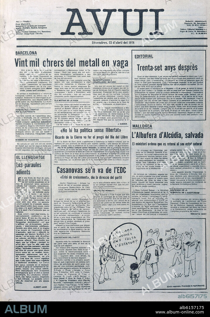 PORTADA DEL PERIODICO AVUI PRIMER NUMERO 23 ABRIL 1976-HUELGA OBREROS DEL METAL.