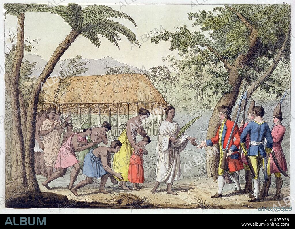 Captain Samuel Wallis being received by Queen Oberea on the Island of Tahiti, 1767 (19th century). Scene from Samuel Wallis's voyage of circumnavigation in HMS 'Dolphin', undertaken from 1766-1768. Wallis is believed to have been the first European to visit Tahiti, which he sighted on 18th June 1767.