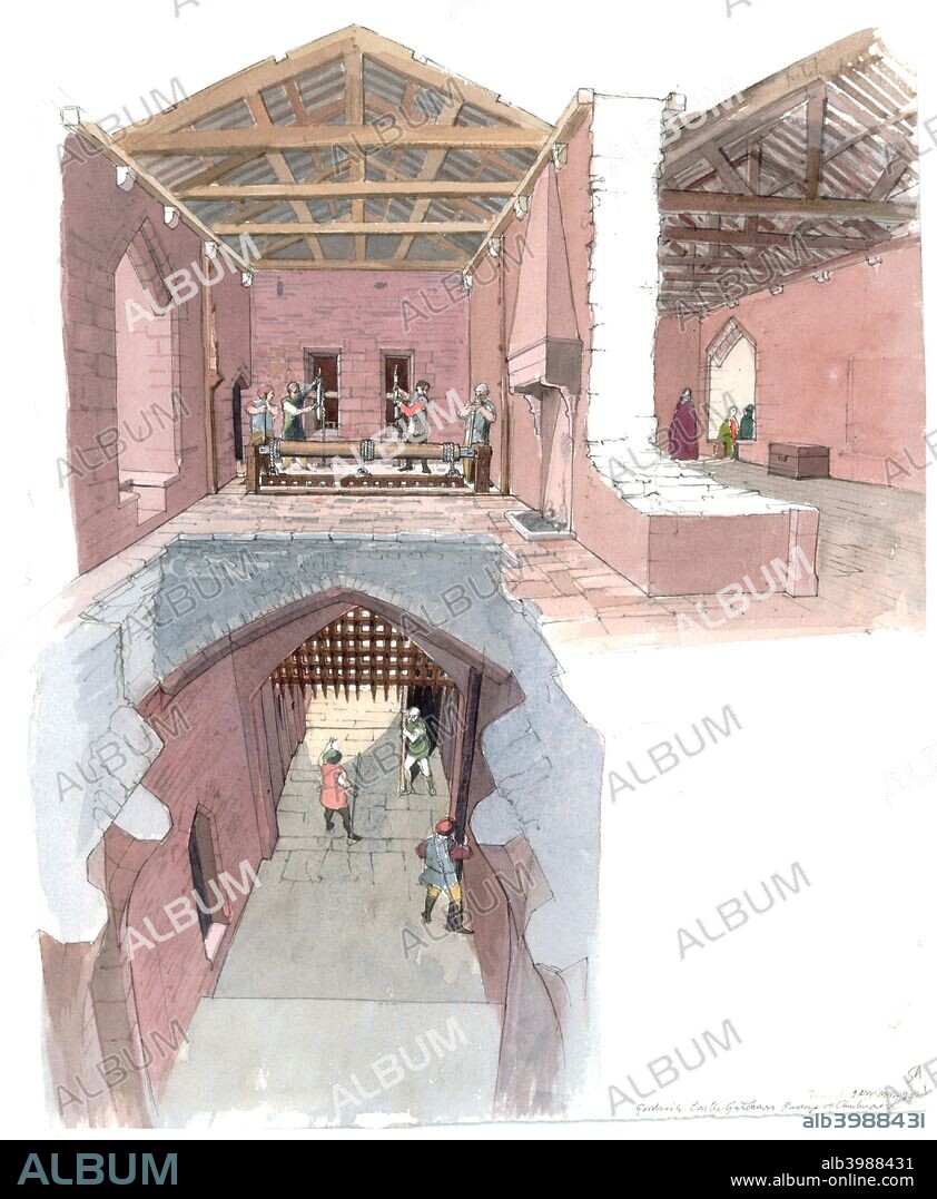 Goodrich Castle, Worcestershire, c12th century, (1990-2010). Cutaway reconstruction of the gatehouse, facing east showing the winches in the upper chamber designed to raise the portcullises.Norman medieval castle in Herefordshire, England. Probably built by Godric of Mappestone, in the middle of the 12th century the original castle was replaced with a stone keep, then expanded significantly during the late 13th century. Now owned by English Heritage.