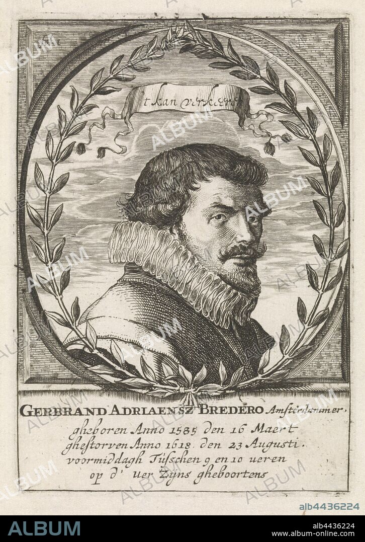 Portrait of Gerbrand Adriaensz. Bredero Gerbrand Adriaensz Bredero (title on object), Portrait of Gerbrand Adriaensz. Bredero, Amsterdam shipping company, playwright and poet. Bust to the right. Above the bust in a cartouche is Bredero's motto: 'it can move'. A laurel wreath surrounds the portrait. Numbered Fol.1. The print has a Dutch signature., Gerbrand Adriaensz. Bredero, Hessel Gerritsz, Amsterdam, 1678, paper, engraving, w 91 mm × h 131 mm.
