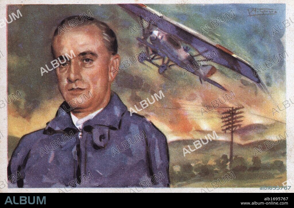 Dibujo del aviador Felipe Díaz Sandino (Caldes d'Estrac, 1891-Colombia, 1960). Militante de Unión Militar Republicana Antifascista. Consejero de defensa de la Generalitat (Julio a Diciembre de 1936) y Jefe de la aviación de Catalunya. Tarjeta postal editada por Cruz Roja. Año 1936.