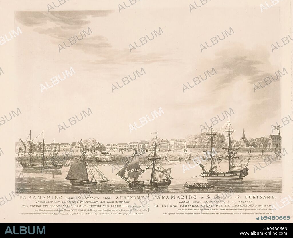 View of Paramaribo from the river Suriname, Paramaribo on the River of Suriname / Paramaribo à la Rivière de Suriname (title on object), print maker: Friedrich Christoph Dietrich, (mentioned on object), Pierre Berranger, (mentioned on object), Willem I (koning der Nederlanden), (mentioned on object), Amsterdam, 15-Feb-1817, paper, etching, height 460 mm × width 595 mm.