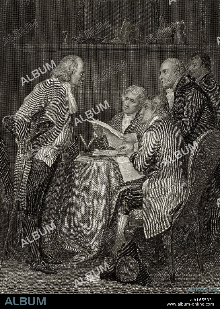 The Committee of Five drafting Declaration of Independence From left Franklin Jefferson Adams Livingston Sherman After Alonzo Chappel from Life and Times of Washington Volume 1 published 1857.