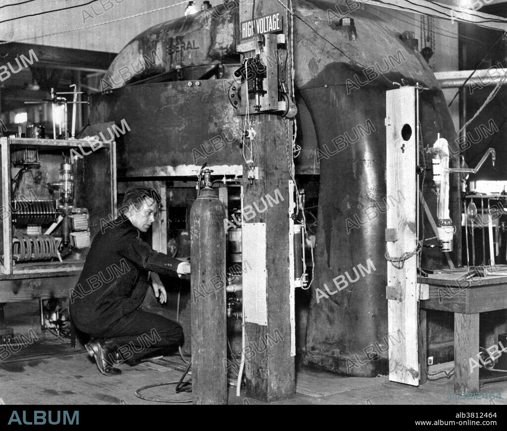Lawrence at the 37 inch cyclotron, 1938. Ernest Orlando Lawrence (August 8, 1901 - August 27, 1958) was an American physicist and Nobel Laureate, known for his invention, utilization, and improvement of the cyclotron atom-smasher beginning in 1929, based on his studies of the works of Rolf Wideroe, and his later work in uranium-isotope separation for the Manhattan Project. Lawrence had a long career at the University of California, Berkeley, where he became a Professor of Physics. In 1939, Lawrence was awarded the Nobel Prize in Physics for his work in inventing the cyclotron and developing its applications. After the war, Lawrence campaigned extensively for government sponsorship of large scientific programs. Lawrence was a forceful advocate of "Big Science" with its requirements for big machines and big money. He'd died in 1958 at the age of 57. After his death, the Regents of the University of California voted to rename two of the university's nuclear research sites after Lawrence: the Lawrence Livermore and Lawrence Berkeley Laboratories. Chemical element number 103, discovered at LBNL in 1961, is named "lawrencium" in his honor.