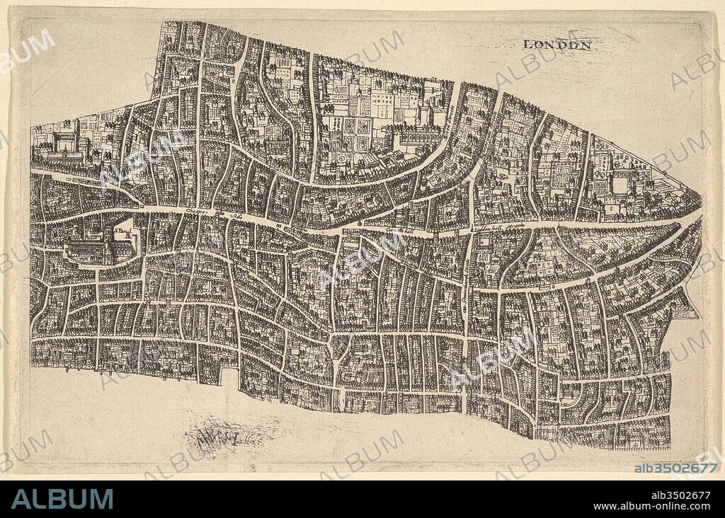 London before the Great Fire, 1666–77, Etching; second state of two, Sheet: 4 1/4 × 6 11/16 in. (10.8 × 17 cm), Prints, Wenceslaus Hollar (Bohemian, Prague 1607–1677 London), Street map of the City of London before the Great Fire of 1666; image of St Paul's Cathedral at left.