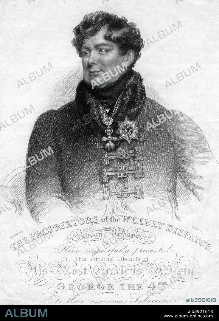George IV, King of the United Kingdom and Hanover, 19th century. Portrait of George IV (George Augustus Frederick, 1762-1830) who was king of the United Kingdom of Great Britain and Ireland and Hanover from 29 January 1820 until his death. He became prince regent in 1811, when his father, George III, became mentally unable to rule.