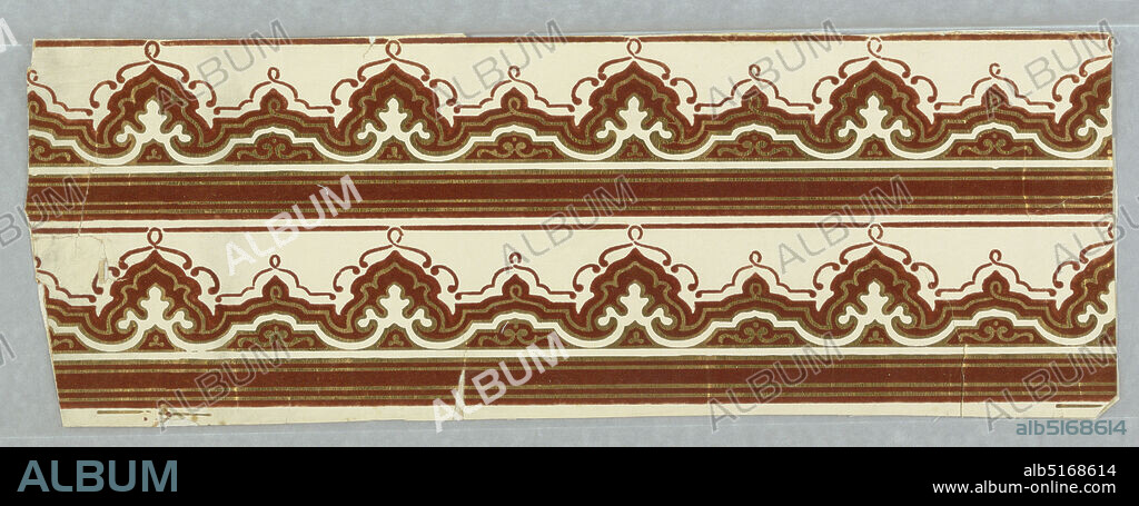 Border, Machine-printed and flocked, Horizontal rectangle. Row of scrollwork, accompanied by alternating stripes of red flock and gilt. Printed two across., USA, 186070, Wallcoverings, Border.