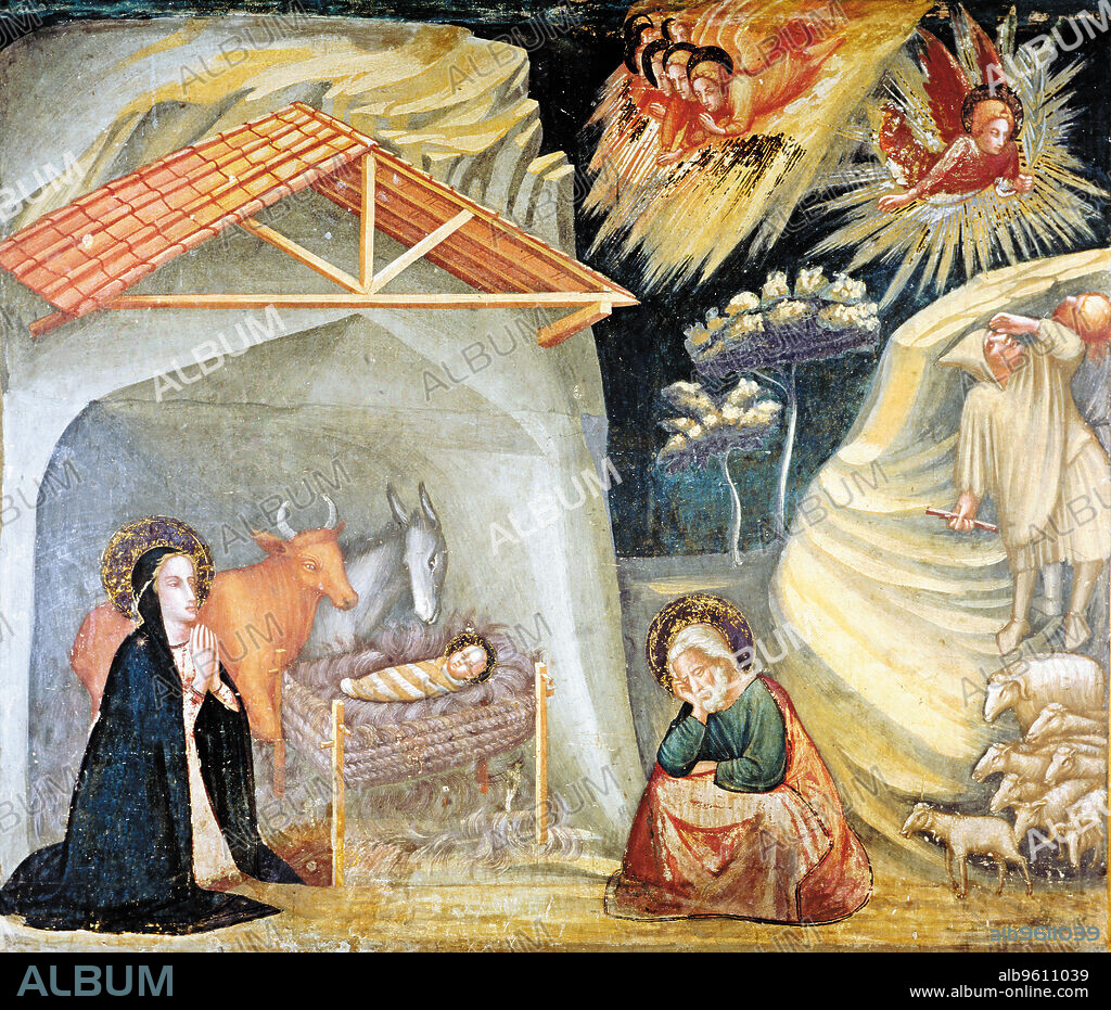 'Birth of Jesus in Bethlehem' detail of the paintings by Ferrer Bassa, frescoes preserved in the chapel of Saint Michael of the Monastery of Pedralbes in Barcelona.