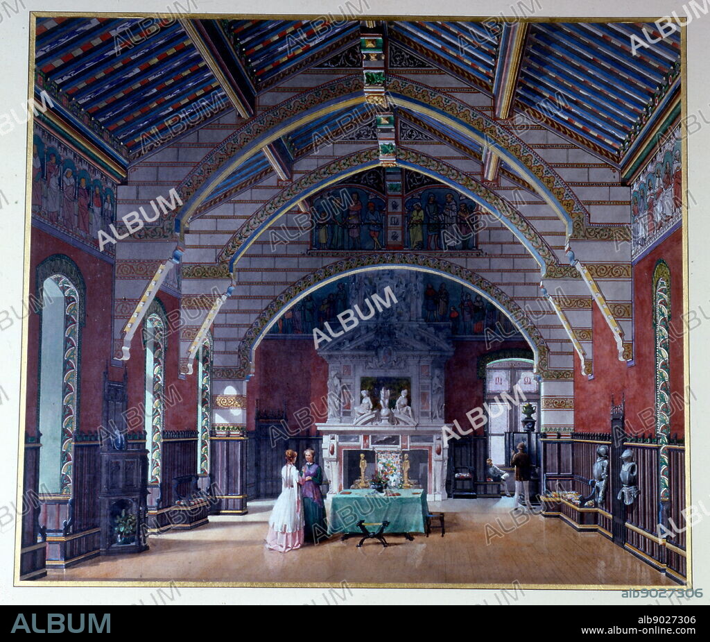 19th century recreation of a medieval hall in the Château de Roquetaillade; a castle in Mazères (near Bordeaux), France. The extraordinary interior decorations, with its furnishings and paintings, were created by Viollet-le-Duc during the 19th century. Eugène Emmanuel Viollet-le-Duc (1814 - 1879) was a French architect and theorist, famous for his interpretive "restorations" of medieval buildings.