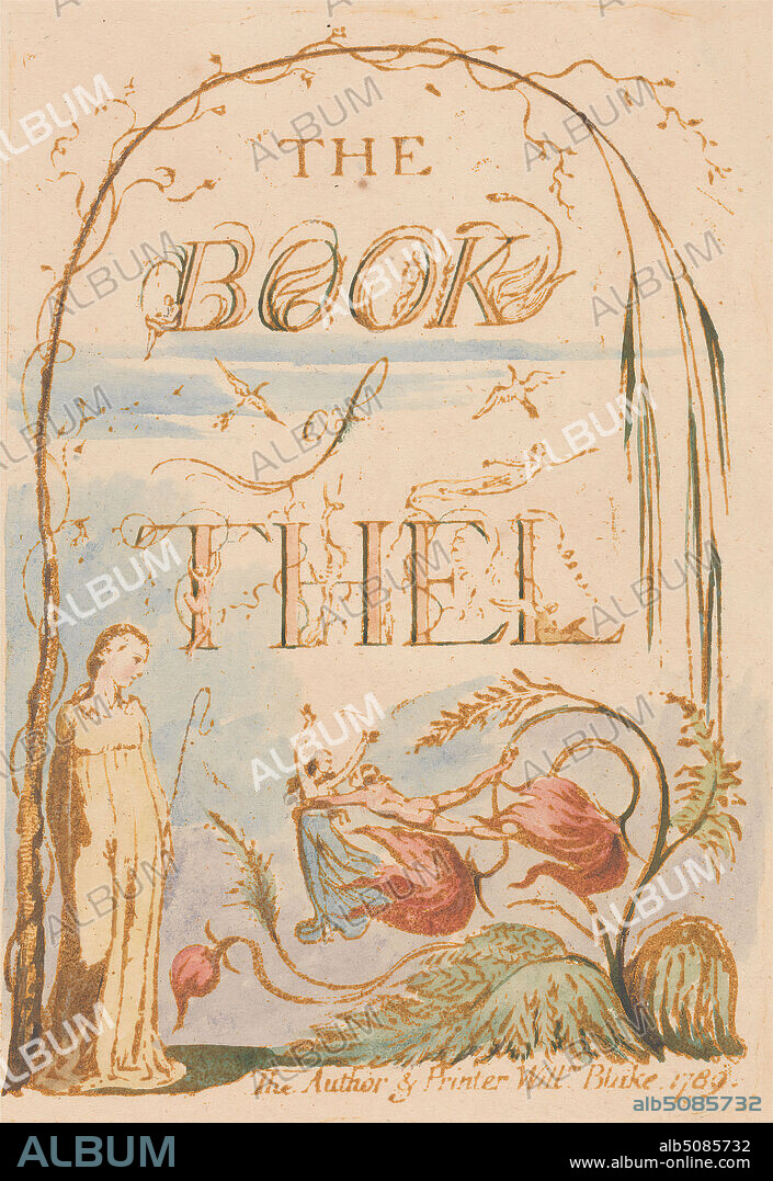The Book of Thel, Plate 2, Title Page, Print made by William Blake, 17571827, British, 1789, Relief etching printed in brown with pen and ink and watercolor on moderately thick, slightly textured, cream wove paper, Sheet: 12 x 9 1/2 inches (30.5 x 24.1 cm) and Plate: 6 x 4 1/4 inches (15.2 x 10.8 cm), birds, crooks, flowers (plants), gowns, leaf, literary theme, nude, text, vines, willows, women.