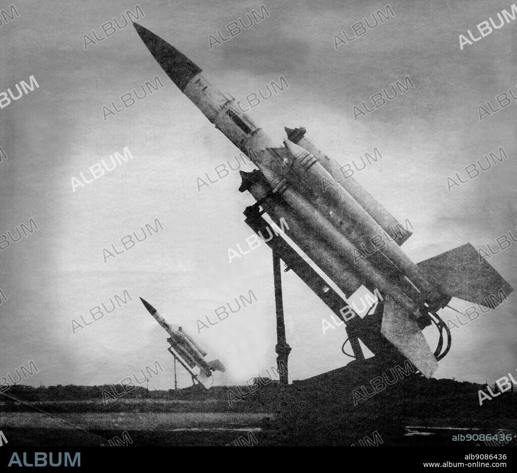 Bristol/Ferranti Bloodhound missiles in readiness for their launchers at RAF Station, Woolfox Lodge. Surface to air guided missiles.