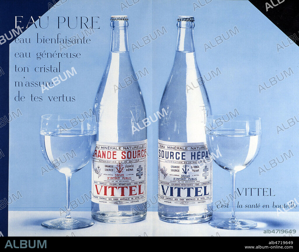 'Eau pure, eau bienfaisante, eau genereuse, ton cristal m'assure de tes vertus'. Publicite pour l'eau VITTEL publiee dans Realite en 1955. Credit : Coll. Jonas/KHARBINE-TAPABOR.