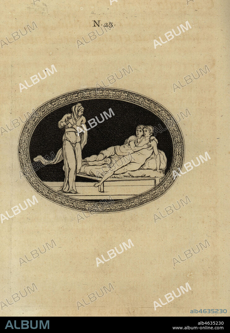 Young Emperor Caligula is caught in flagrante by his grandmother Antonia sleeping with his sister Julia Drusilla. Caligula, jeune encore, couche avec sa soeur Drusille, est surpris par sa grand-mere Antonia. Copperplate engraving from Pierre-Francois d'Hancarvilles Monumens de la Vie Privee des Douze Cesars, Chez Sabellus, Capri (Monuments of the Private Lives of 12 Caesars, Leclerc, Nancy) 1780. From imaginary Spintria, medals and cameos.
