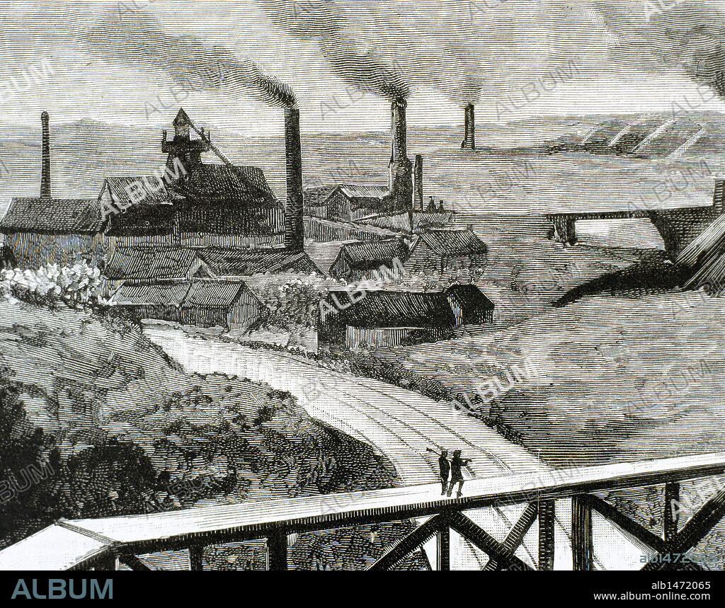 Coal mining. Herscheuse Mining. Quaregnon County. Belgium. Engraving from 1884.