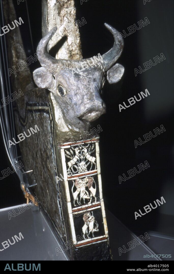 Bull's Head on Sounding Box of Harp, Royal Tombs of Ur, c2500 BC. The Royal Cemetery at Ur is an archaeological site in modern-day Dhi Qar Governorate in southern Iraq.