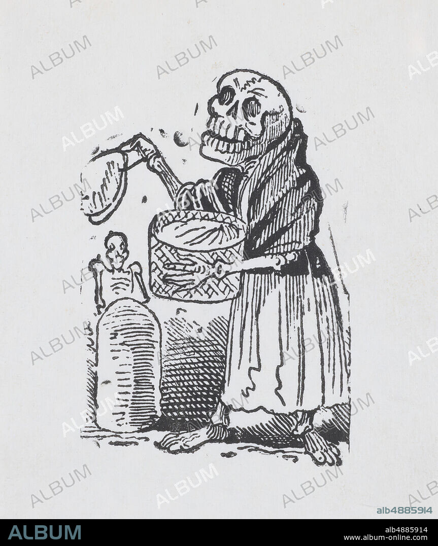José Guadalupe Posada, A skeleton selling tortillas from a broadside entitled 'Una Calavera Chusca', José Guadalupe Posada (Mexican, 1851-1913), ca. 1880-1910, Wood engraving, Sheet: 4 1/4 - 3 9/16 in. (10.8 - 9 cm), Image: 3 1/8 - 2 3/8 in. (8 - 6 cm), Prints.