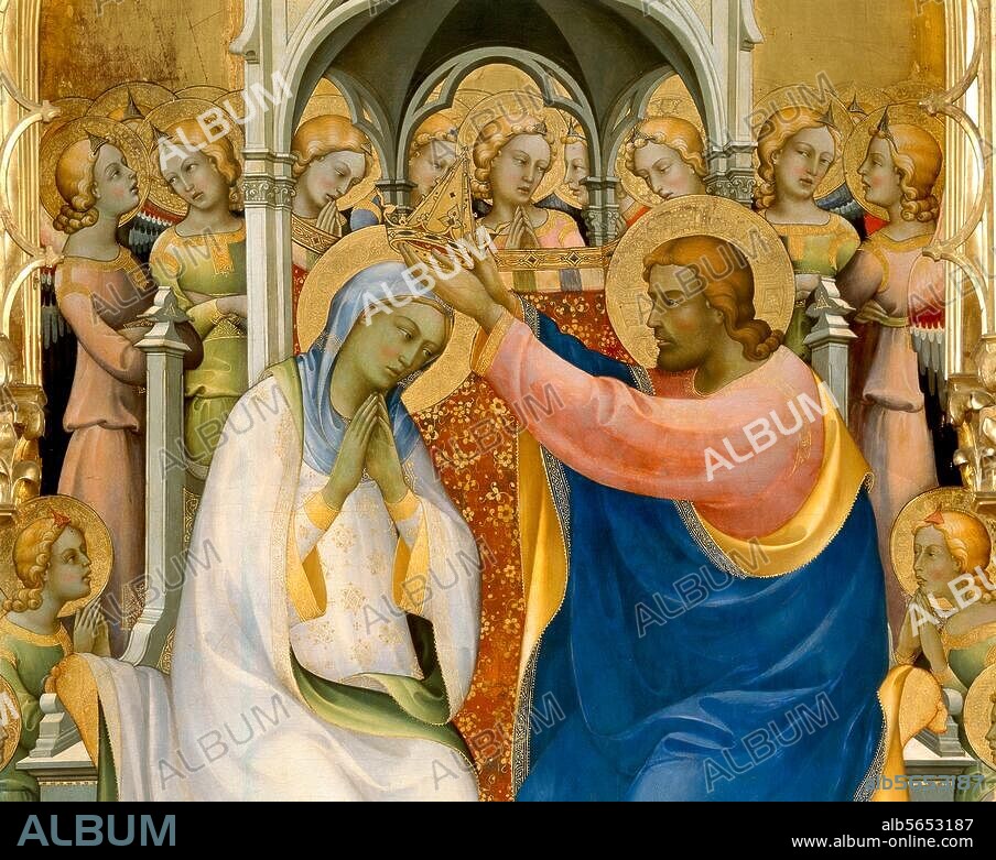 Lorenzo Monaco, Piero di Giovanni, dit ; conuu 1388-1422. - "Le Couronnement de la Vierge", 1414. Détail : groupe du centre avec le Christ et la Vierge. Détrempe sur bois, H. 4,47 ; L. 3,37. Inv. n° 885 (cliché après restauration). Florence, Galerie des Offices.