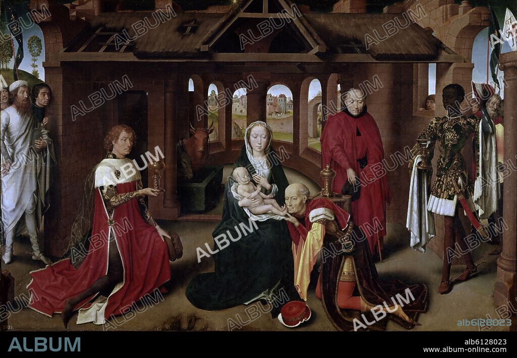 HANS MEMLING (1435-1494). LA ADORACION DE LOS MAGOS - 1479 - PANEL CENTRAL DEL TRIPTICO - O/T -  95x63 - NP 1557 - PINTURA FLAMENCA - CONJUNTO 10197.