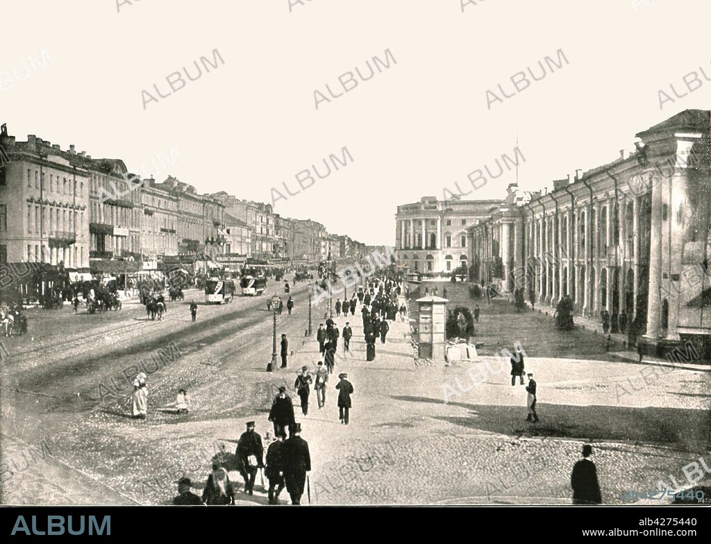 The Nevski Prospect, St Petersburg, Russia, 1895. Pedestrians on the main street in St Petersburg. From "Round the World in Pictures and Photographs: From London Bridge to Charing Cross via Yokohama and Chicago". [George Newnes Ltd, London, 1895].