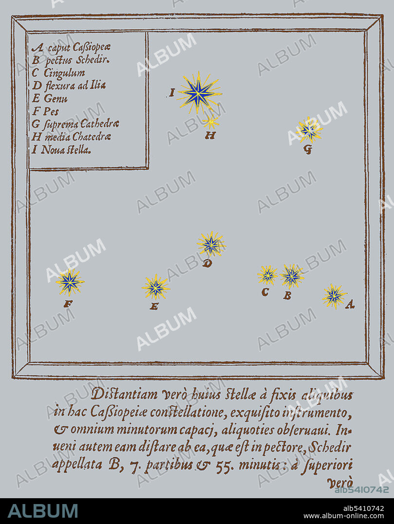 Coloured star map of the constellation Cassiopeia showing the position of the supernova of 1572; from Tycho Brahe's De nova stella. The supernova of 1572 is often called Tycho's supernova, because of his extensive work De nova et nullius aevi memoria prius visa stella. Tycho Brahe (December 14, 1546 - October 24, 1601) was a Danish astronomer and alchemist. He was the last of the major naked eye astronomers, working without telescopes for his observations, and is credited with the most accurate astronomical observations of his time. His data was used by his assistant, Johannes Kepler, to derive the laws of planetary motion.