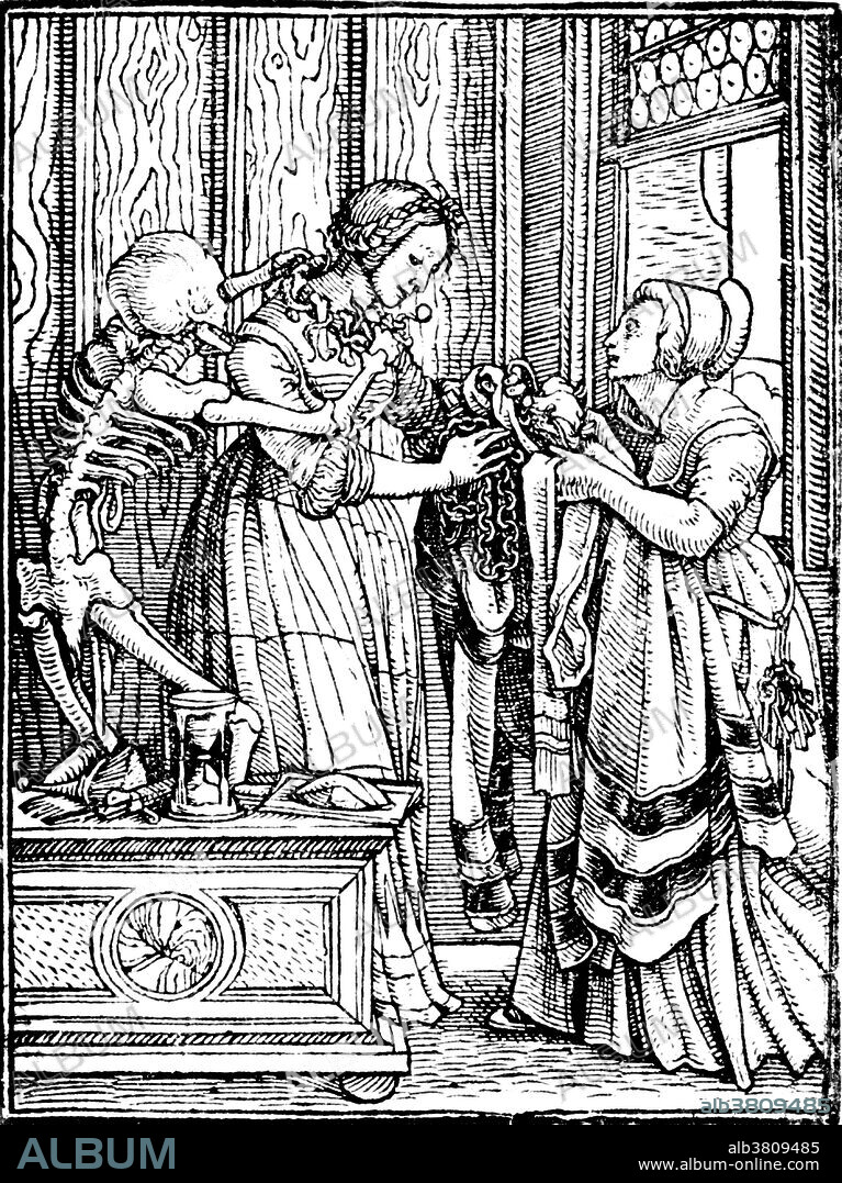 The Countess, from The Dance of Death, designed by Hans Holbein the Younger, woodcut, 1526. The Dance of Death (1523-26) refashions the late medieval allegory of the Danse Macabre as a reformist satire. Holbein's series of woodcuts shows the figure of "Death" in many disguises, confronting individuals from all walks of life. None escape Death's skeleton clutches, even the pious. Dance of Death, also called Danse Macabre (French), Danza Macabra (Italian), Dansul Mortii (Romanian), Danza de la Muerte (Spanish), Dansa de la Mort (Catalan), Danca Macabra (Portuguese language), Totentanz (German), Dodendans (Dutch), Surmatants (Estonian), is an artistic genre of late medieval allegory on the universality of death: no matter one's station in life, the Dance of Death unites all.
