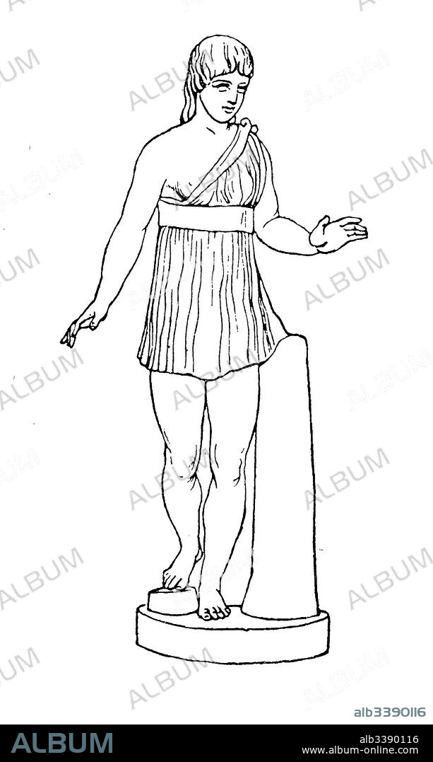 Spartan girl with short, semi-open chiton, Sparta, Greece, History of fashion, costume story.