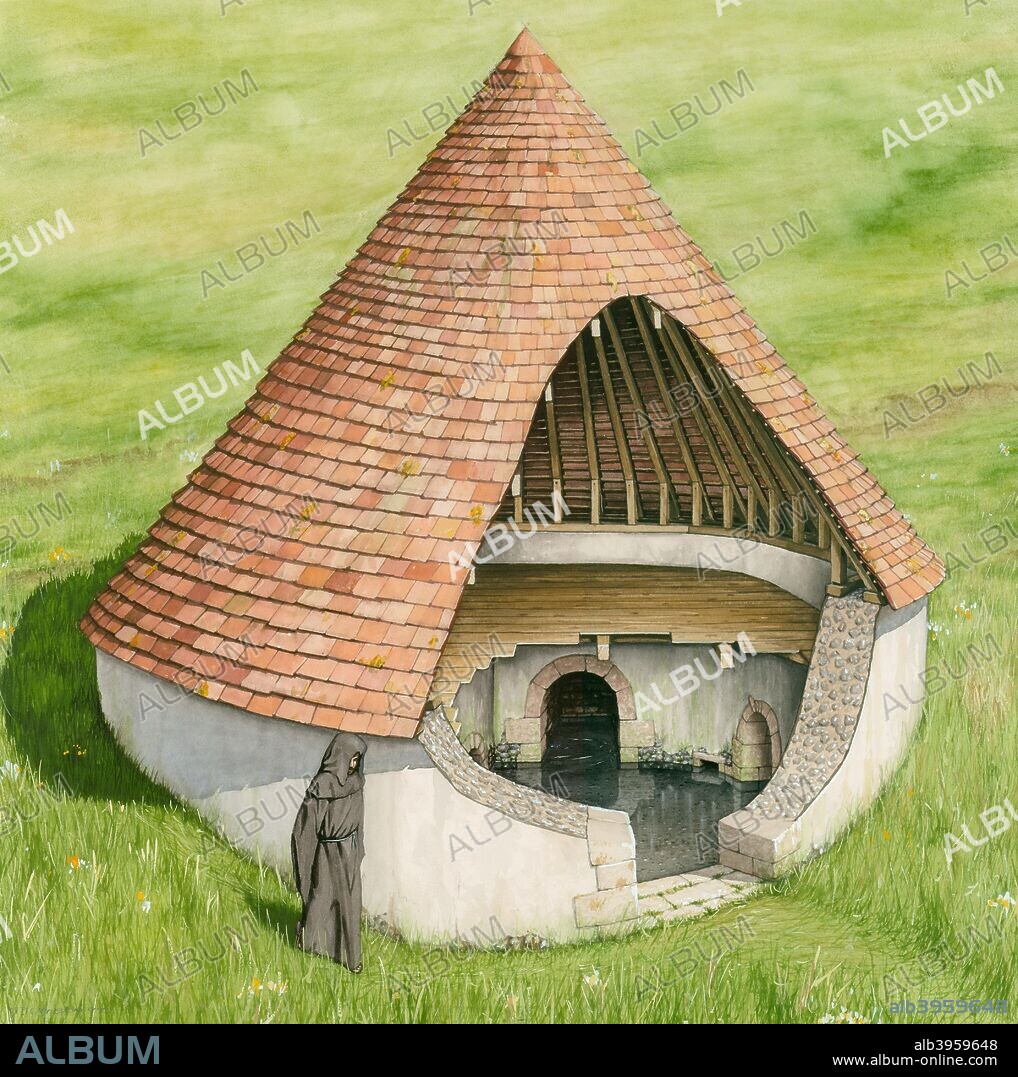 Conduit house, St Augustine's Abbey, Canterbury, Kent. Cut-away reconstruction drawing depicting the water supply conduit house for St Augustine's Abbey, as it may have appeared after its construction in the mid 12th century. The Conduit House was situated on St Martin's Hill to the north-east of the Abbey.
