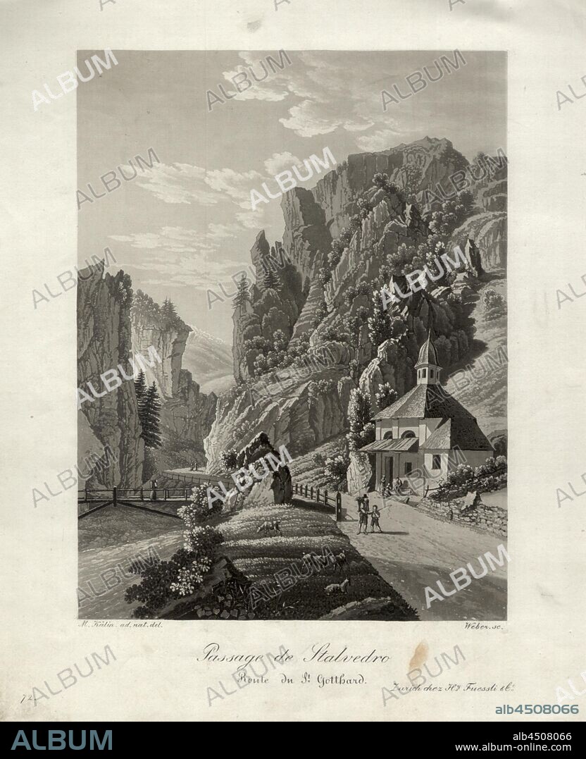Passage of Stalvedro, Chapel near Stalvedro Gorge on the Gotthard route, signed: Joseph Meinrad Kälin (ad Nat. Del.), Weber (sc.), Fig. 4, after p. 44, Kälin, Joseph Meinrad (ad. nat. del.), Weber, Lukas (sc.), 1833, Karl Franz Lusser, Joseph Meinrad Kälin, Jakob Suter: Funfzehn Ansichten der neuen St. Gotthards-Strasse vom St. Gotthard-Hospiz bis Lugano. Zürich: bey Heinrich Füssli, 1833.