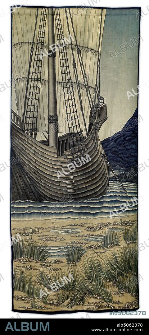Quest for the Holy Grail Tapestries, Panel 5, The Ship, 1900 Designer: Edward Burne-Jones Designer: William Morris,, Designer: John Henry Dearle,, Manufacturer: Morris & Co, The fifth narrative panel of the series., Applied Arts, Boat, Arts and Crafts, TextilesPre-Raphaelite, Tapestry, Arthurian Legend, Holy Grail, Ship.