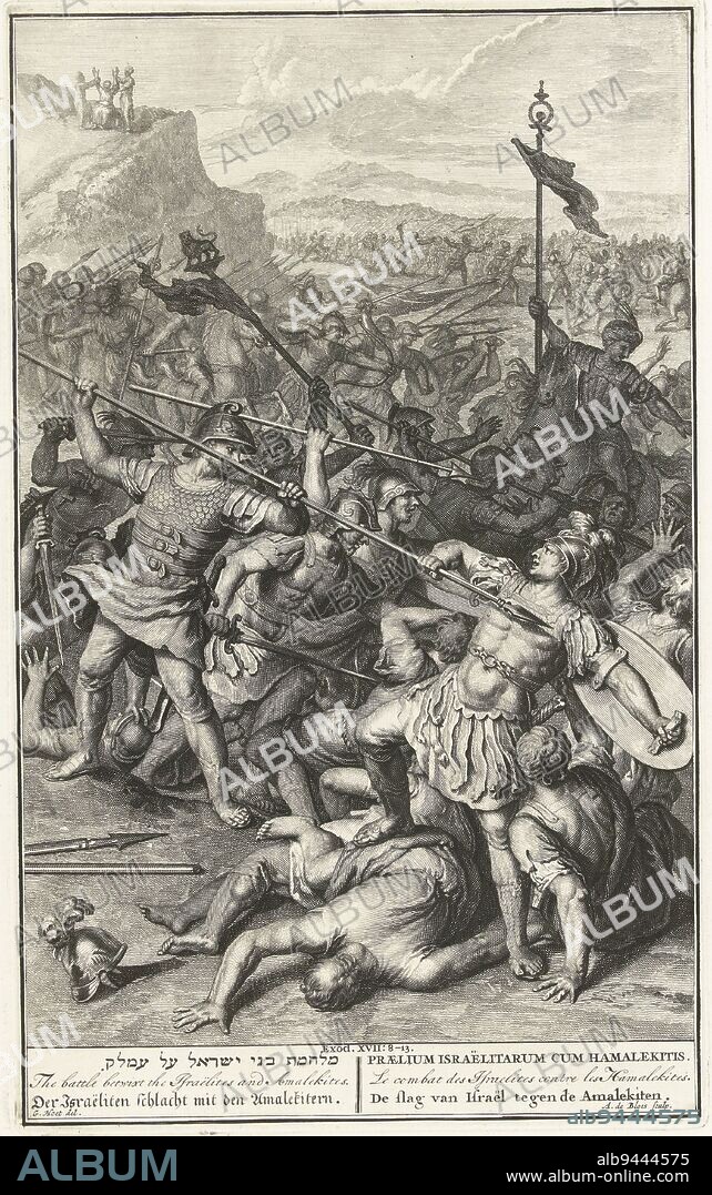 Battle of Israel against the Amalekites, Abraham de Blois, after Gerard Hoet (I), 1720 - 1728, In the battle of Israel against the Amalekites, Joshua defeats Amalek. Moses sits on the mountain and holds up his arms with the help of Aaron and Chur. Below the image is the title in six languages., print maker: Abraham de Blois, (mentioned on object), intermediary draughtsman: Gerard Hoet (I), (mentioned on object), publisher: Pieter de Hondt, print maker: Amsterdam, publisher: The Hague, 1720 - 1728, paper, engraving, h 357 mm × w 219 mm.
