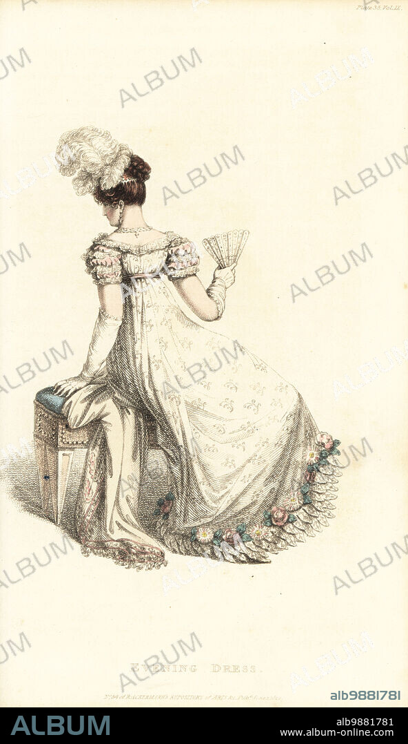 Regency woman in full evening dress seated on a stool, holding a fan, 1820. Evening dress in white figured lace over a satin slip, short puff sleeves, skirt trimmed with satin leaves and flowers, ostrich feathers in the hair. Design by Miss Pierpoint, 9 Henrietta Street, Covent Garden. Plate 35, June 1 1820. Handcoloured copperplate engraving from Rudolph Ackermann's Repository of Arts, London.