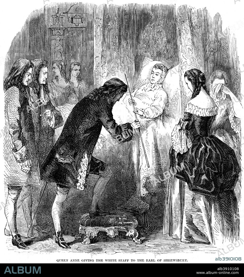 Queen Anne (1665-1714) handing over the white staff to the Earl of Shrewsbury, c1714. Anne, Queen of Great Britain and Ireland from 1702 to 1714, was the second daughter of James II and the sister of Mary II. The Act of Union between England and Scotland was passed during Anne's reign, making her the last monarch to hold the separate titles of Queen of England and Queen of Scotland. From Cassell's Illustrated History of England.