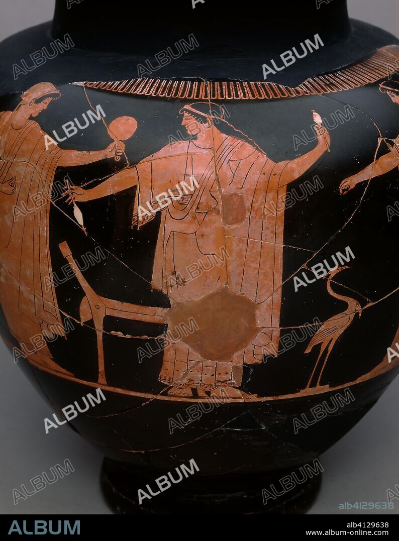 Stamnos (Mixing Jar). Greek; Athens; Attributed to Syriskos (formerly the Copenhagen Painter). Date: 480 BC-470 BC. Dimensions: 38.1 × 45.72 × 14.1 cm (15 ×18 × 5 1/2 in.). Terra-cotta, decorated in the red-figure technique. Origin: Athens.