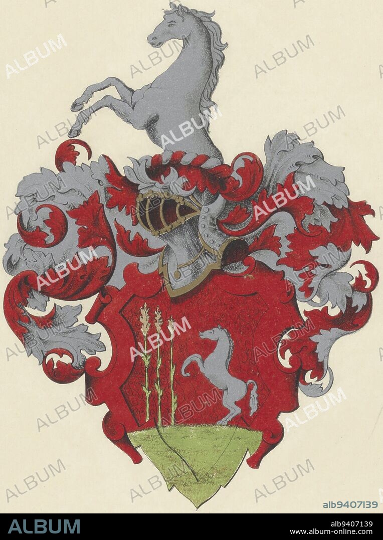 Coat of arms of the Stapert family, Friedrich Wilhelm Burmeister, 1855 - 1933, The coat of arms consists of a red shield surmounted by a rearing white horse in a green meadow and and three long thin plants. Above the coat of arms red and white plant motifs, a helmet and again a rearing horse. Below the coat of arms the text: Stapert elevated to the Reich nobility by Charles V. by degrees of May 4 and Oct. 19, 1555., print maker: Friedrich Wilhelm Burmeister, (mentioned on object), Netherlands, 1855 - 1933, paper, h 410 mm - w 365 mm.