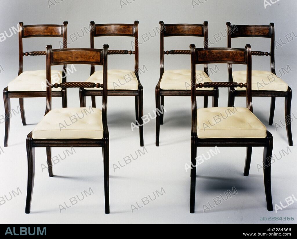 Six George III style Sheraton chairs, mahogany an mahogany crotch, 1790. United Kingdom, 18th century.