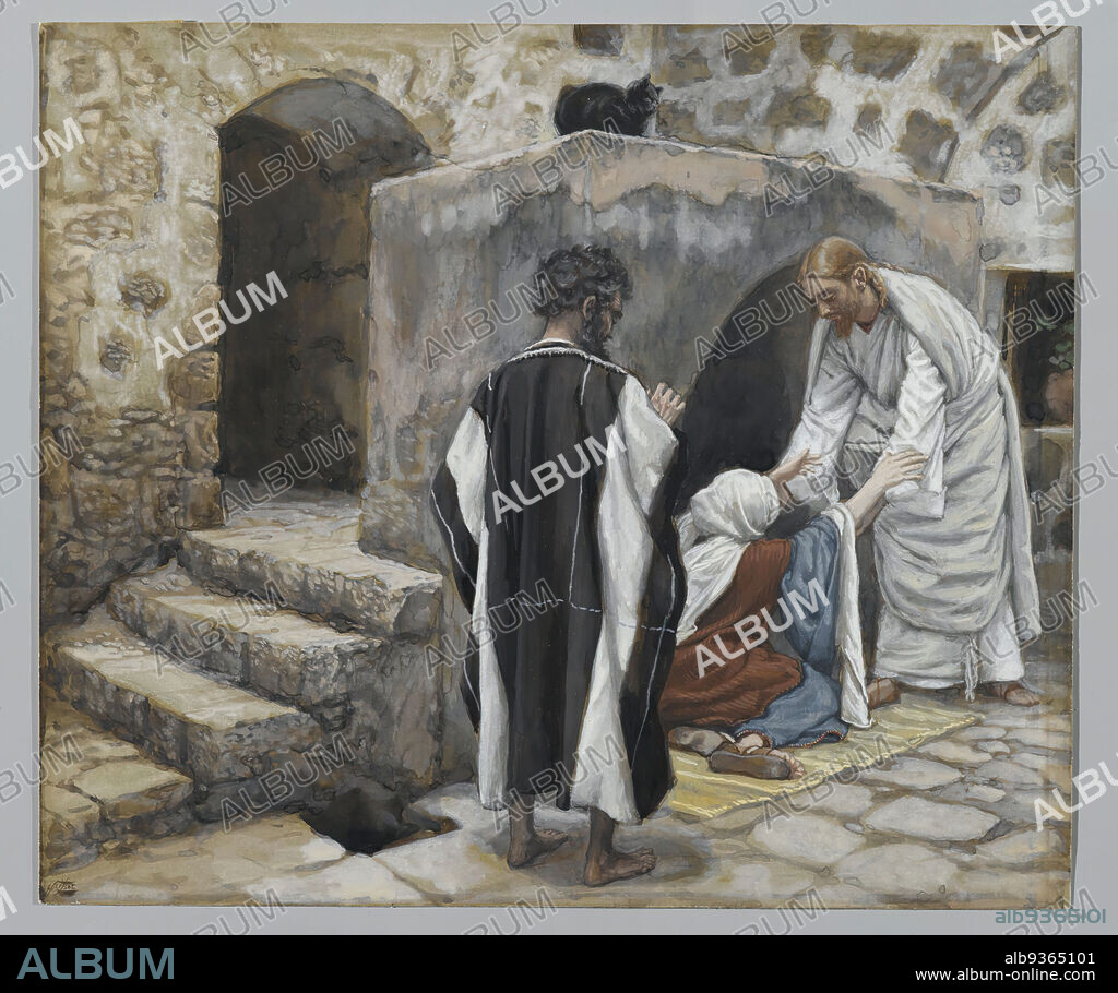 The Healing of Peter's Mother-in-law, La guérison de la belle-mère de Pierre, The Life of Our Lord Jesus Christ, La Vie de Notre-Seigneur Jésus-Christ, James Tissot, French, 1836-1902, Opaque watercolor over graphite on gray wove paper, France, 1886-1894, Image: 7 7/16 x 8 11/16 in., 18.9 x 22.1 cm, apostle, Bible, Biblical, Catholicism, Christ, Christianity, courtyard, French, God, healing, Jesus, kindness, male figures, Mark 1:29-31, miracle, New Testament, Peter, Religion, Religious, religous art, Saint Peter, Tissot.