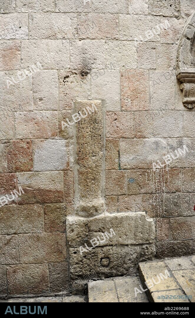 Israel. Jerusalem. Via Dolorosa. Old City. Inscription that marks the place of the encounter between Jesus and Veronica, the woman who wiped with a handkerchief the face of Jesus.