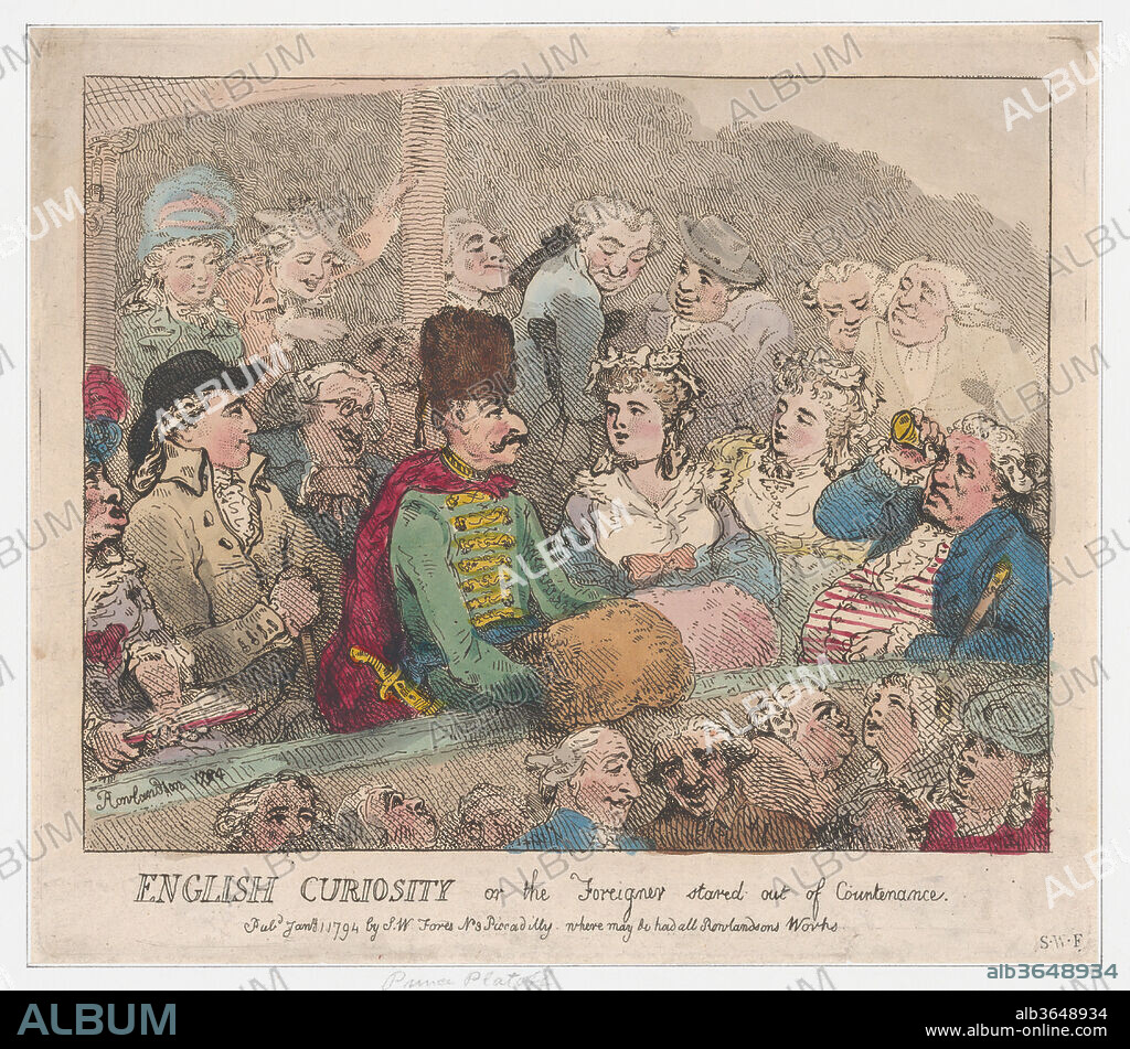 English Curiosity, or The Foreigner Stared Out of Countenance. Artist: Thomas Rowlandson (British, London 1757-1827 London). Dimensions: Sheet: 8 1/2 × 9 11/16 in. (21.6 × 24.6 cm). Publisher: Samuel William Fores (British, 1761-1838). Date: January 1, 1794.