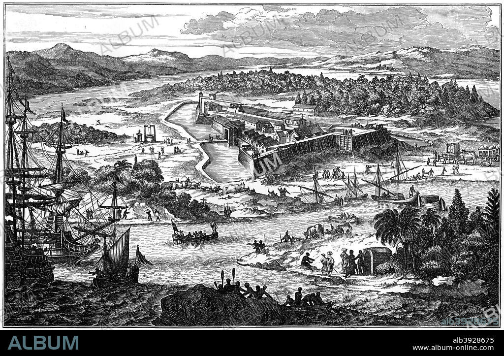 Arx Carolina, the fortified settlement at Charleston, South Carolina, c1673 (1901). Built between the rivers Ashley and Cooper, Arx Carolina was founded by French Protestant settlers in America in 1562. From Dapper's America (Amsterdam, 1673). A print from The World's History, A Survey of Man's Record, by Dr HF Helmolt, Volume I, William Heinemann, London, 1901.
