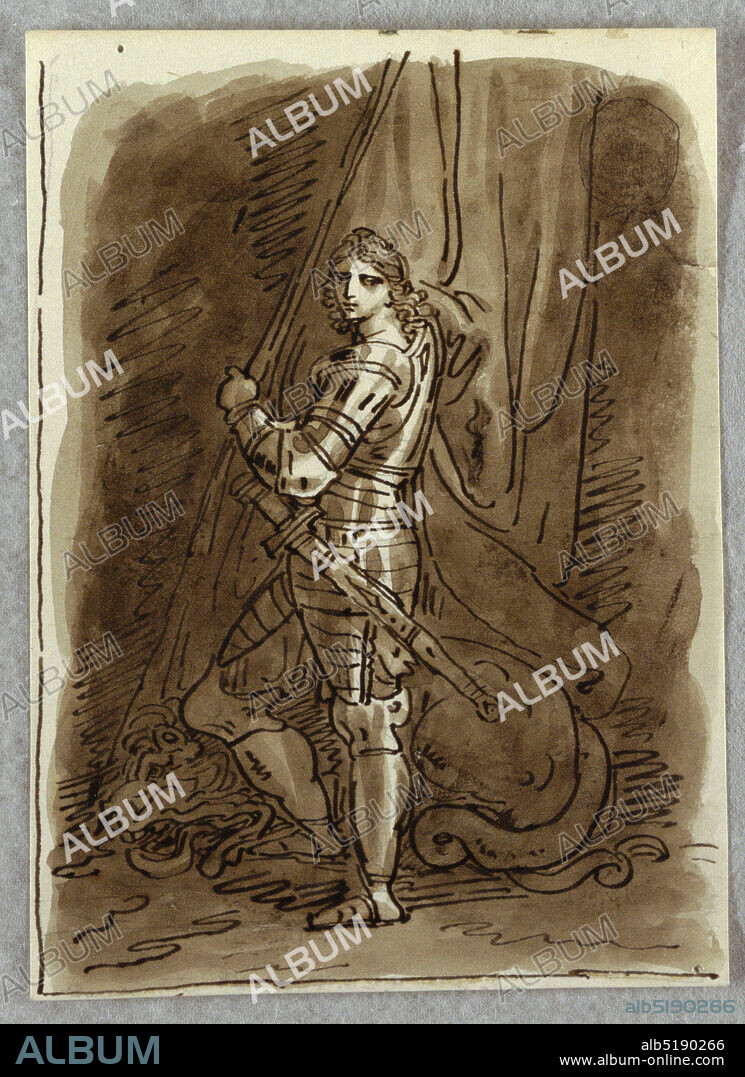 St. George, Detail from a Polytich with Virgin Enthroned, Study after Dosso Dossi, Felice Giani, Italian, 17581823, Pen and brown ink, brush and brown wash, over traces of black chalk on white heavy wove paper, St. George standing with his body seen in profile, gazing out of picture towards spectator, over left shoulder; at his feet, dragon. Draperies billow at right., Italy, Italy, 182122, figures, Sketchbook folio, Sketchbook folio.