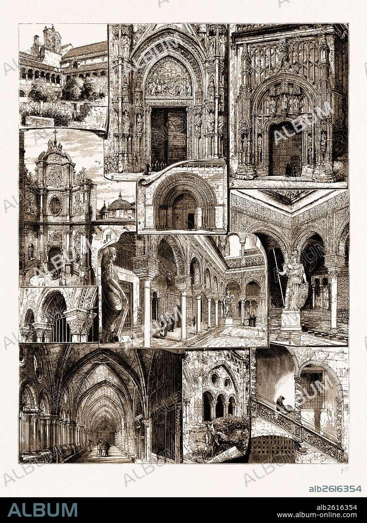 ARCHITECTURAL ART IN SPAIN, 1883: 1. Ancient Convent of San Feo, Cordova. 2. Doorway of the Cathedral, Seville. 3. Doorway of San Juan, Cordova Cathedral. 4. Eastern Doorway of the Cathedral, Valencia. 5. The Principal Door of the Cathedral, Valencia. 6. Cloisters of the Conventiof Poblet. 7. The "Patio" (Courtyard), "Pontius Pilate" House, Seville. 8, A Corner in the "Patio," "Pontius Pilate" Hoxse, Seville. 9. In the Cloisters of the Cathedral, Tarragona. 10. The Cloisters, Tarragona. 11. Old Renaissance Staircase at Barcelona.